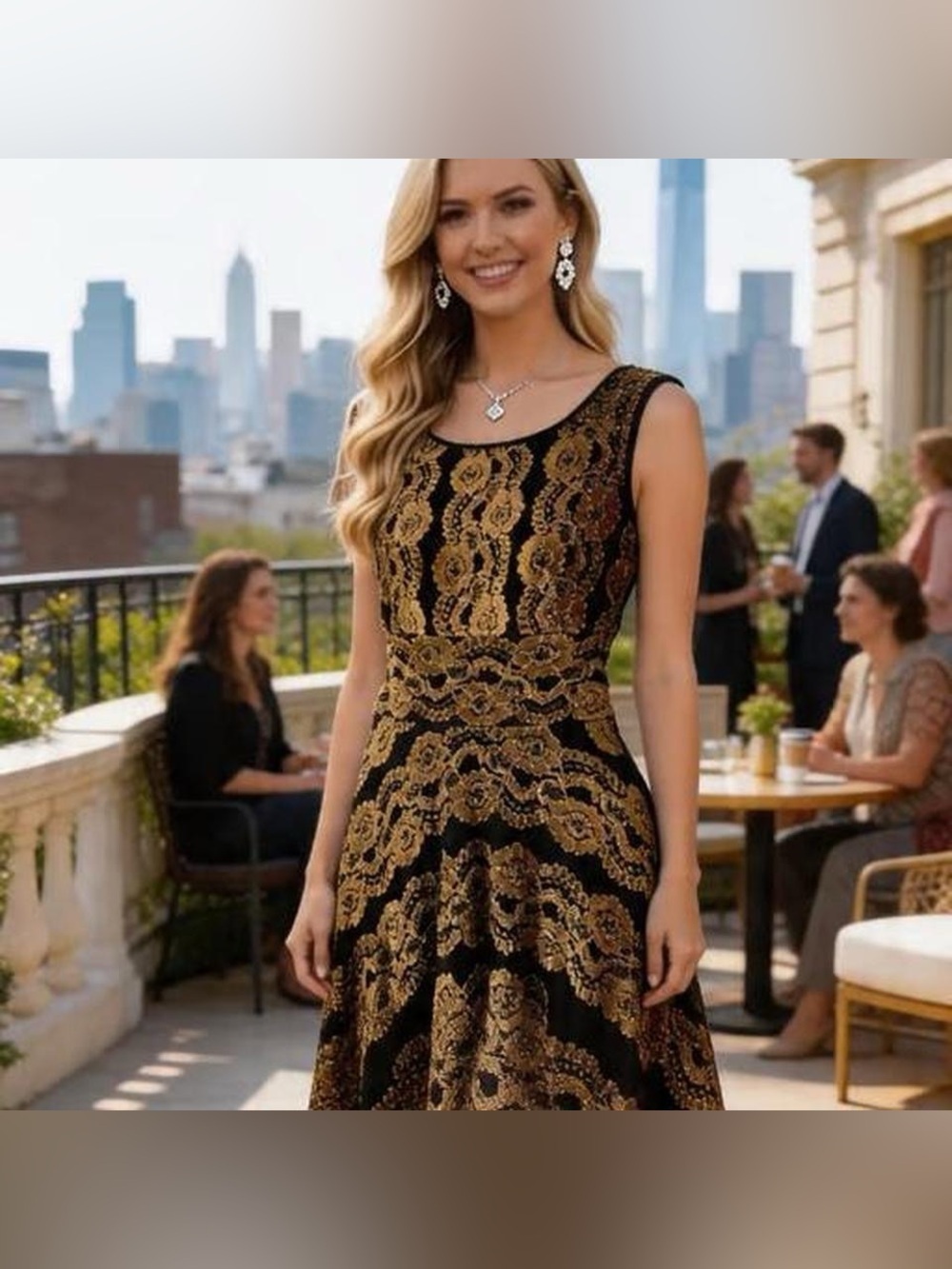 Gold/black vintage 90s dress w a flowy skirt & a zipper zipper back 8 Gabby Skye